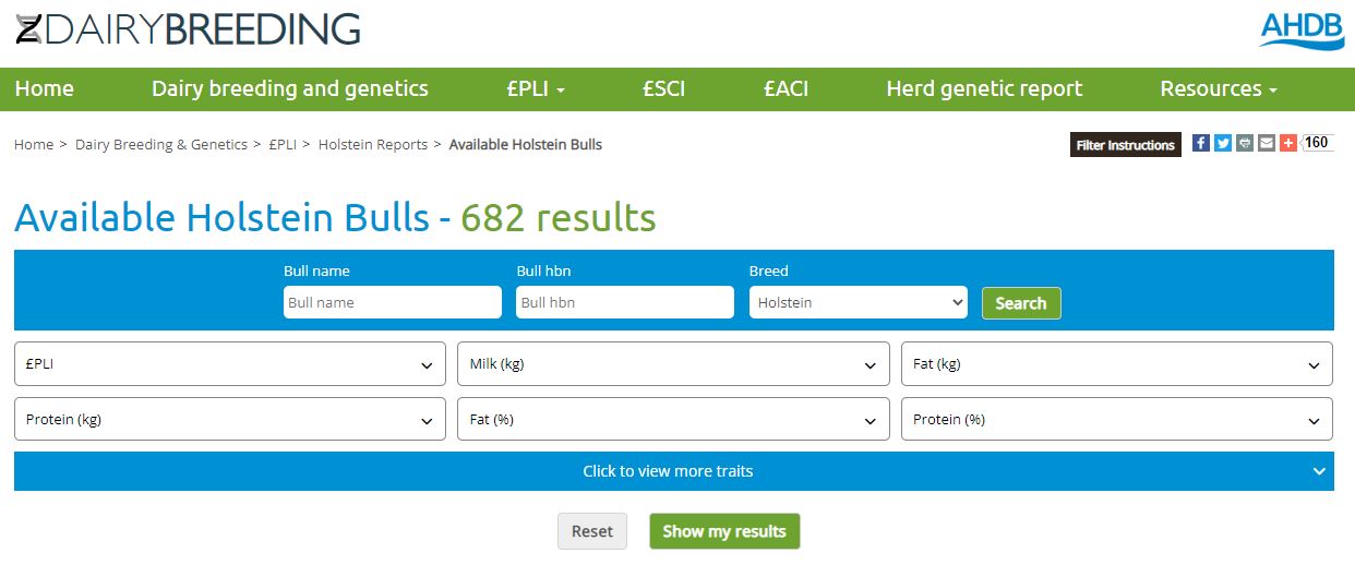 Screenshot of AHDB genetics bull search tool